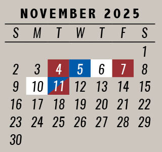 Calendar for November 2025 showing performance dates. Dates marked: November 4 in dark red, November 5 in blue, November 6 in white, November 7 in dark red, November 10 in white, and November 11 split half dark red and half blue. All shows are at 2 PM (doors open 30 minutes prior), except November 7 at 10 AM and November 11 with both a 2 PM and 7 PM show.