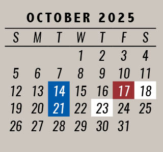 Calendar for October 2025 showing performance dates. Dates marked: October 14 in blue, October 17 in dark red, October 18 in white, October 21 in blue, and October 23 in white. All shows are at 2 PM with doors opening 30 minutes prior.