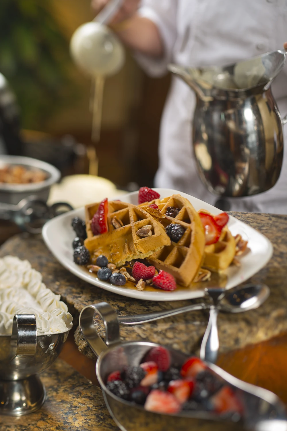 Waffles, Berries, Syrup, Whipped Cream