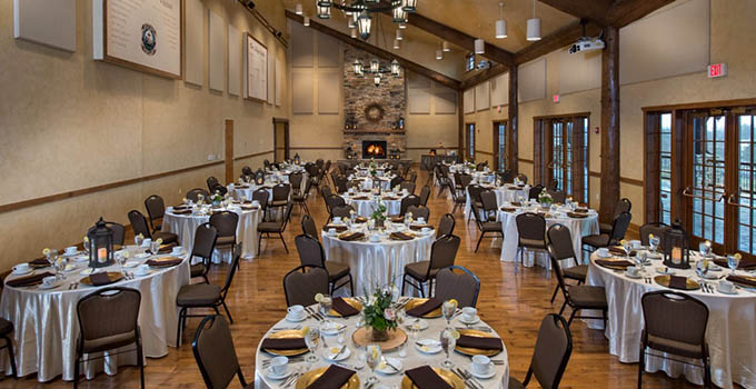 Banquet hall with set tables